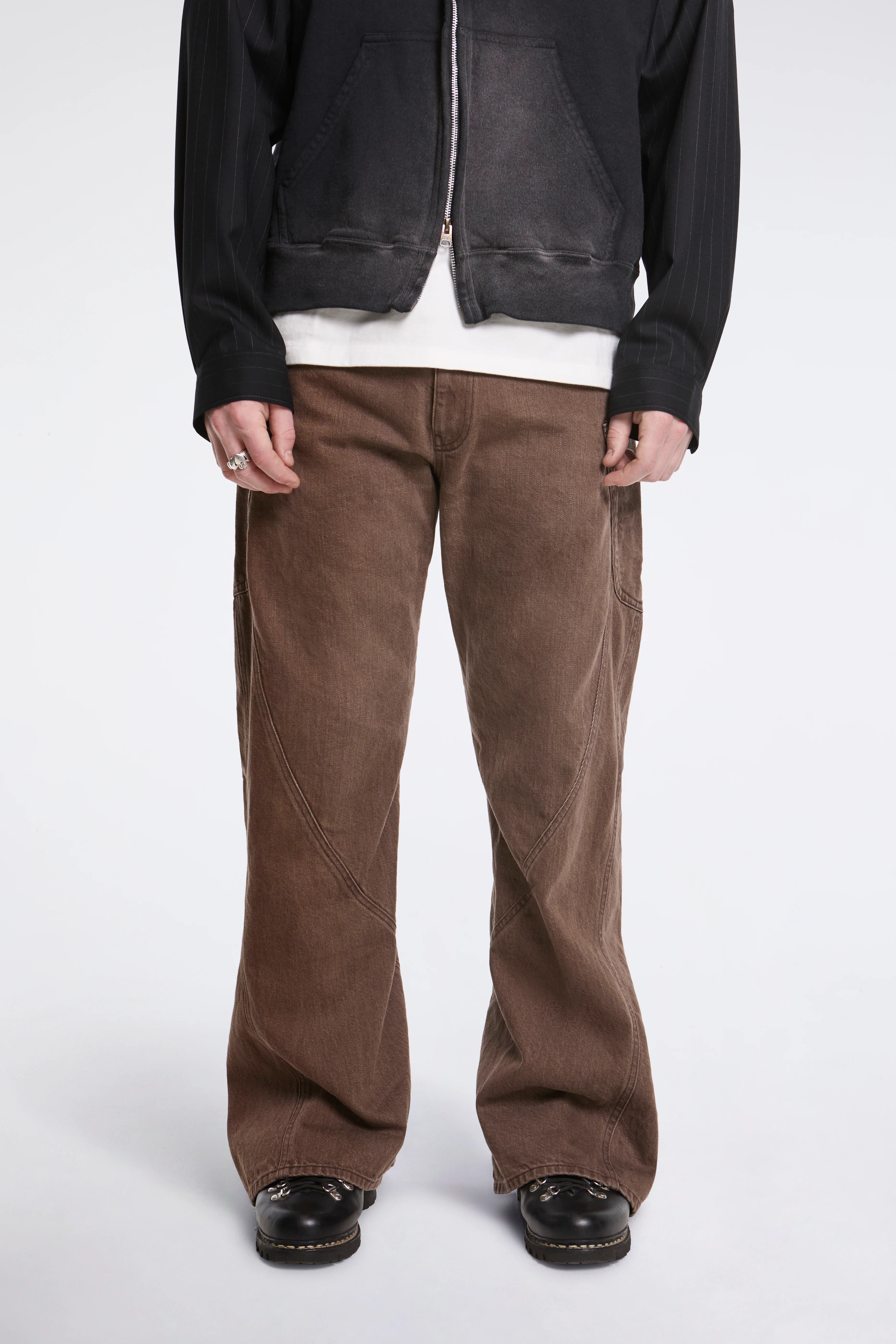 3D Cutting Denim Pants Brown - Image 2