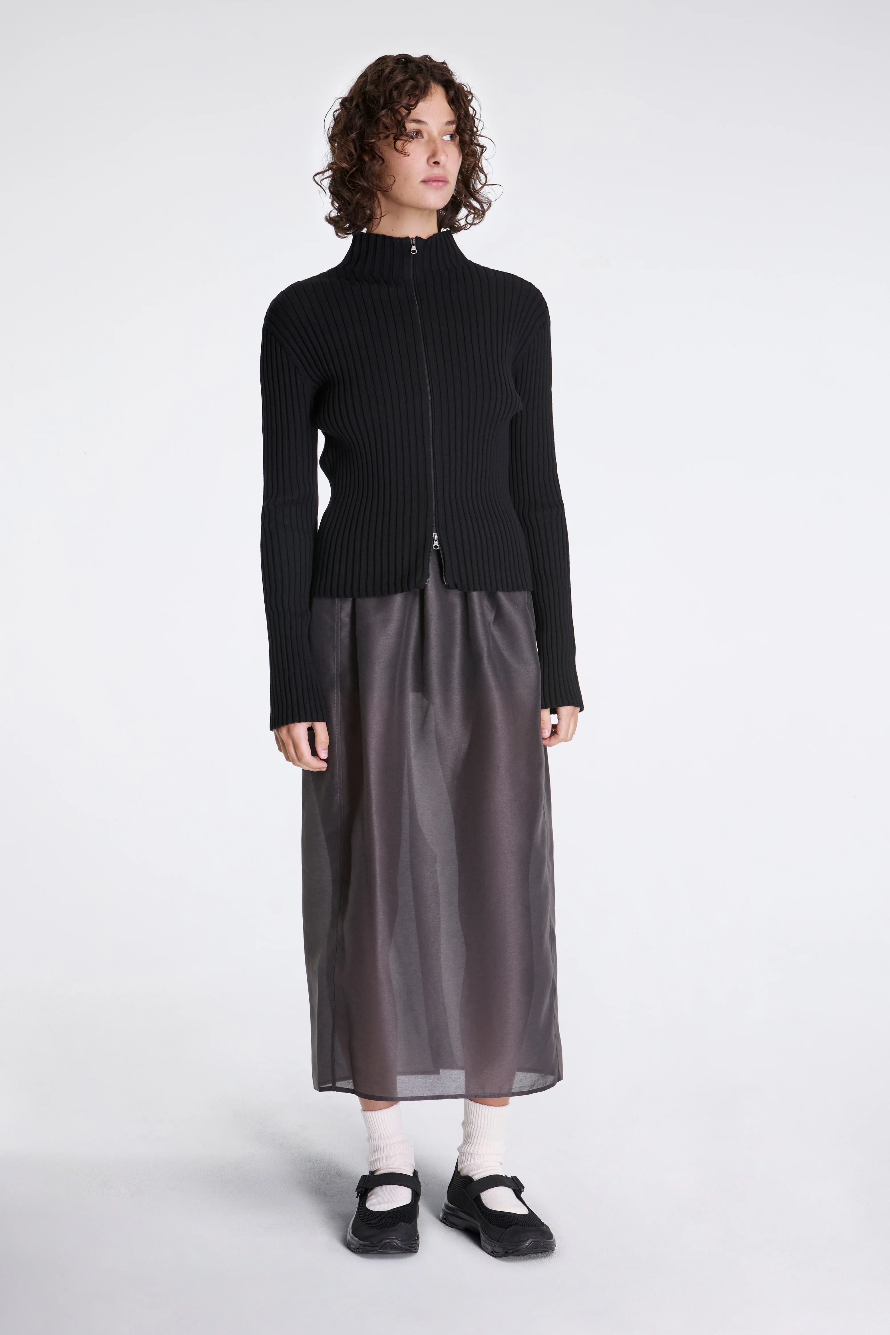 Ribbed High Neck Zip Up Black - Image 3