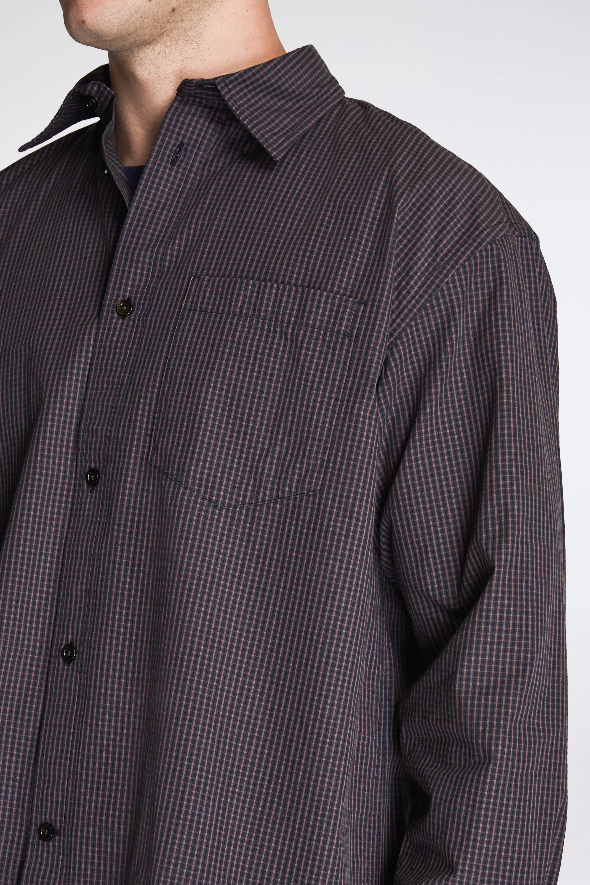 Espevik Oversize Poplin Check Shirt Dark Navy Check - Image 3