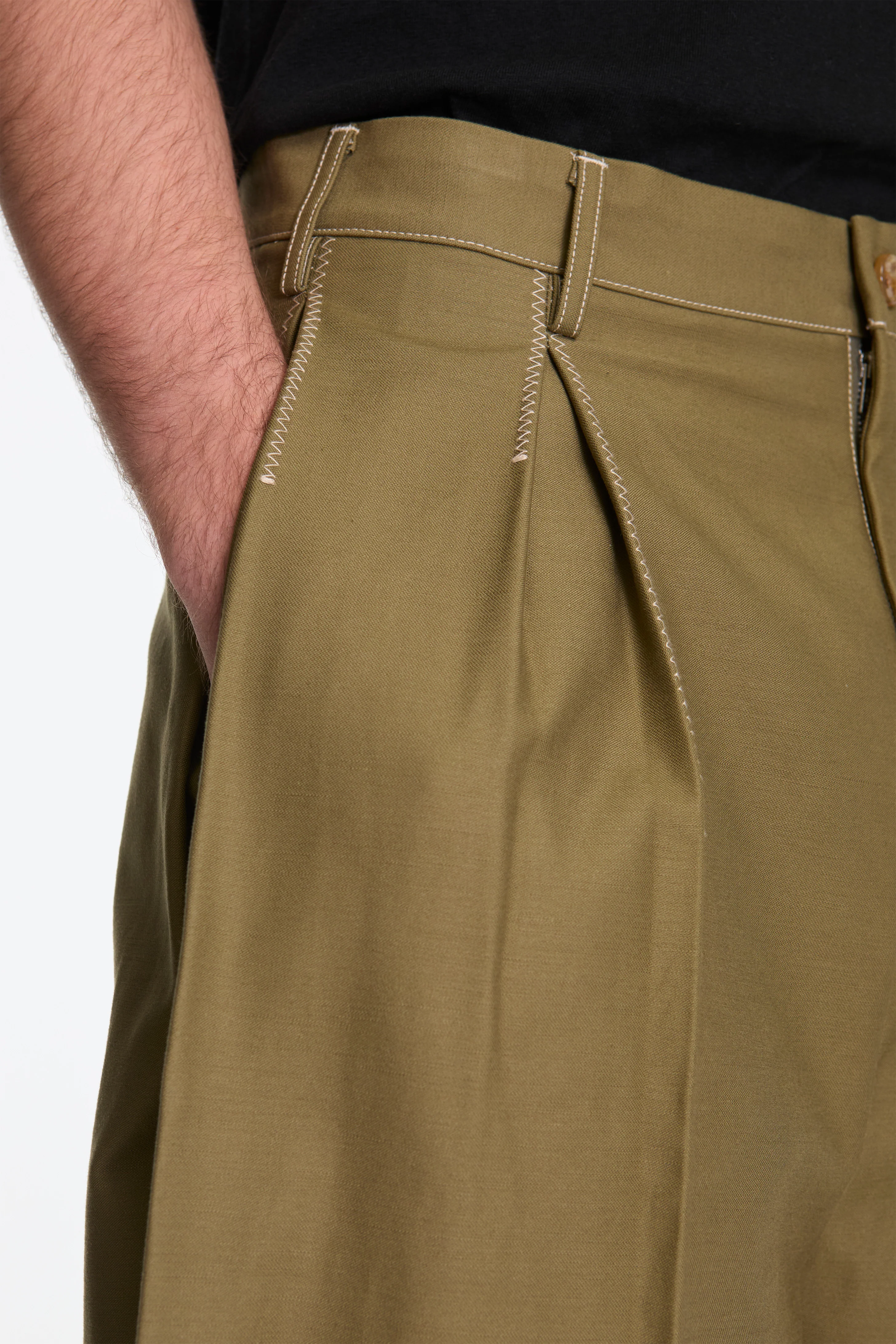 Tuck-Detail Cotton Pants Khaki - Image 3