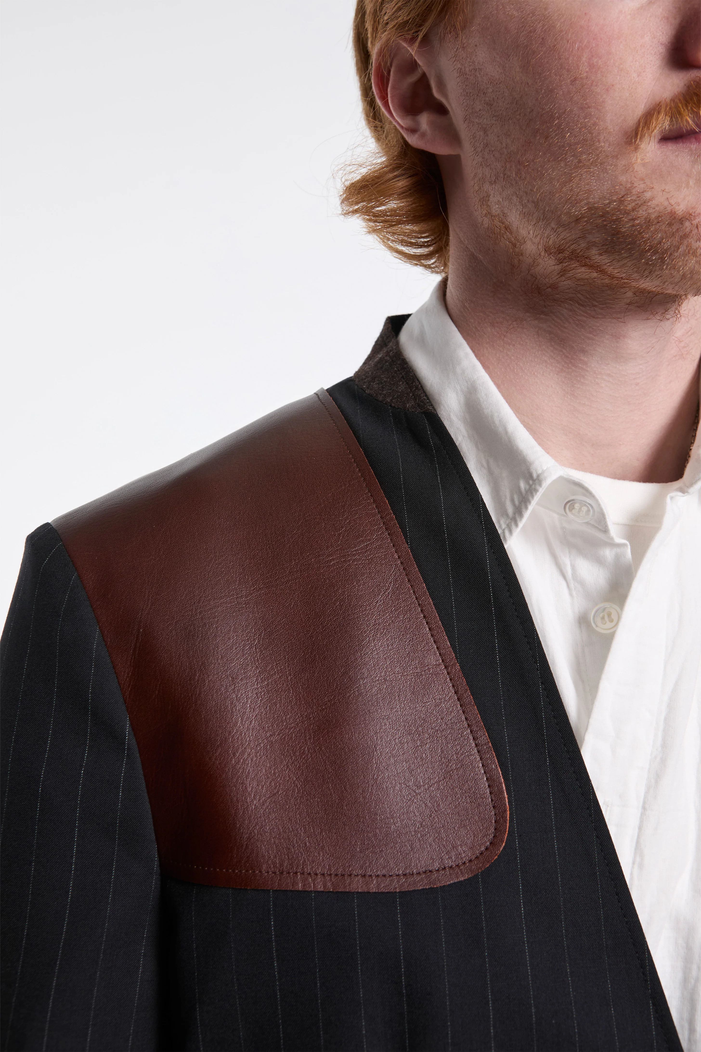 Leather-Patch No-Collar Jacket Black - Image 4