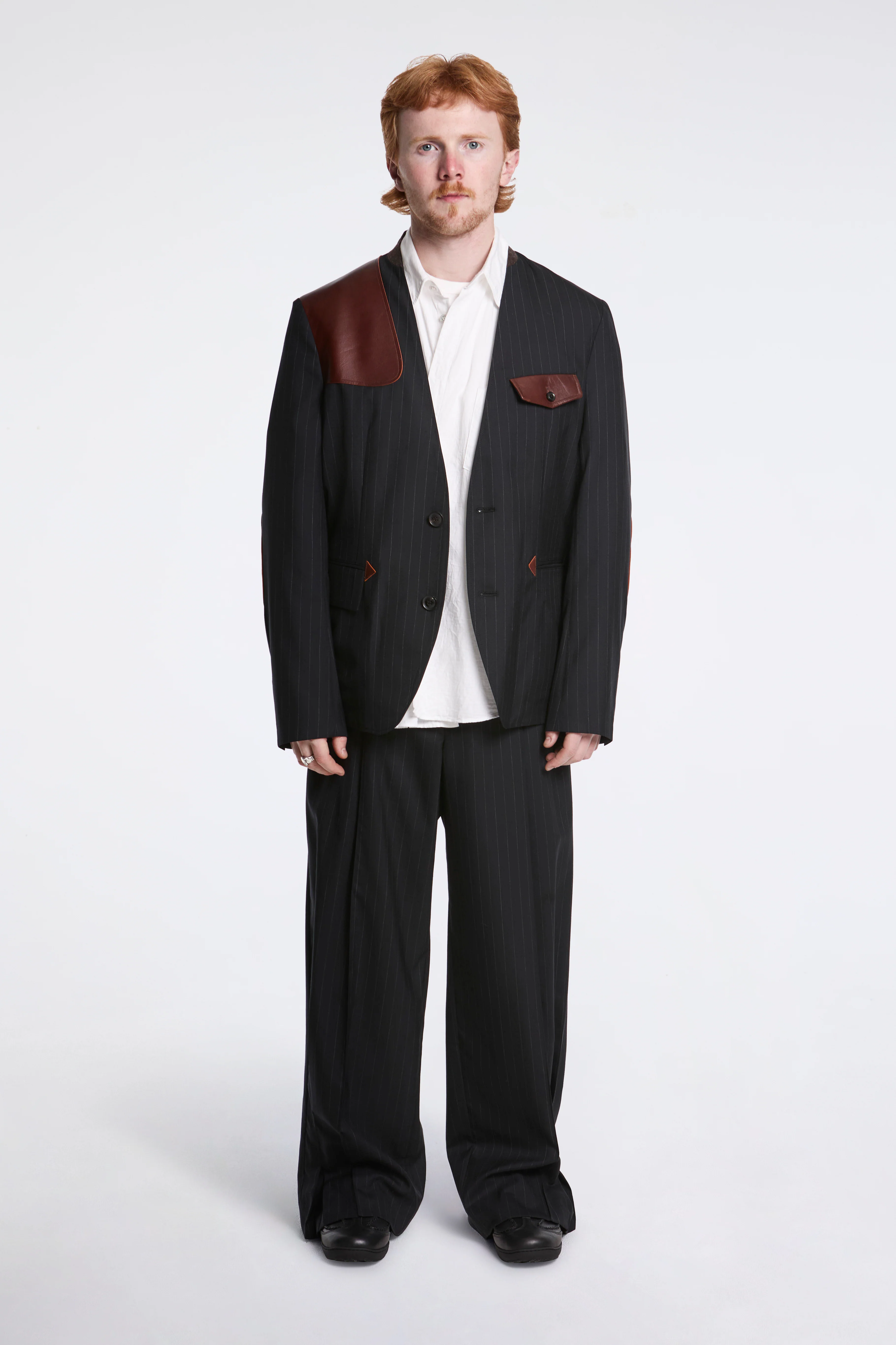 Leather-Patch No-Collar Jacket Black - Image 8