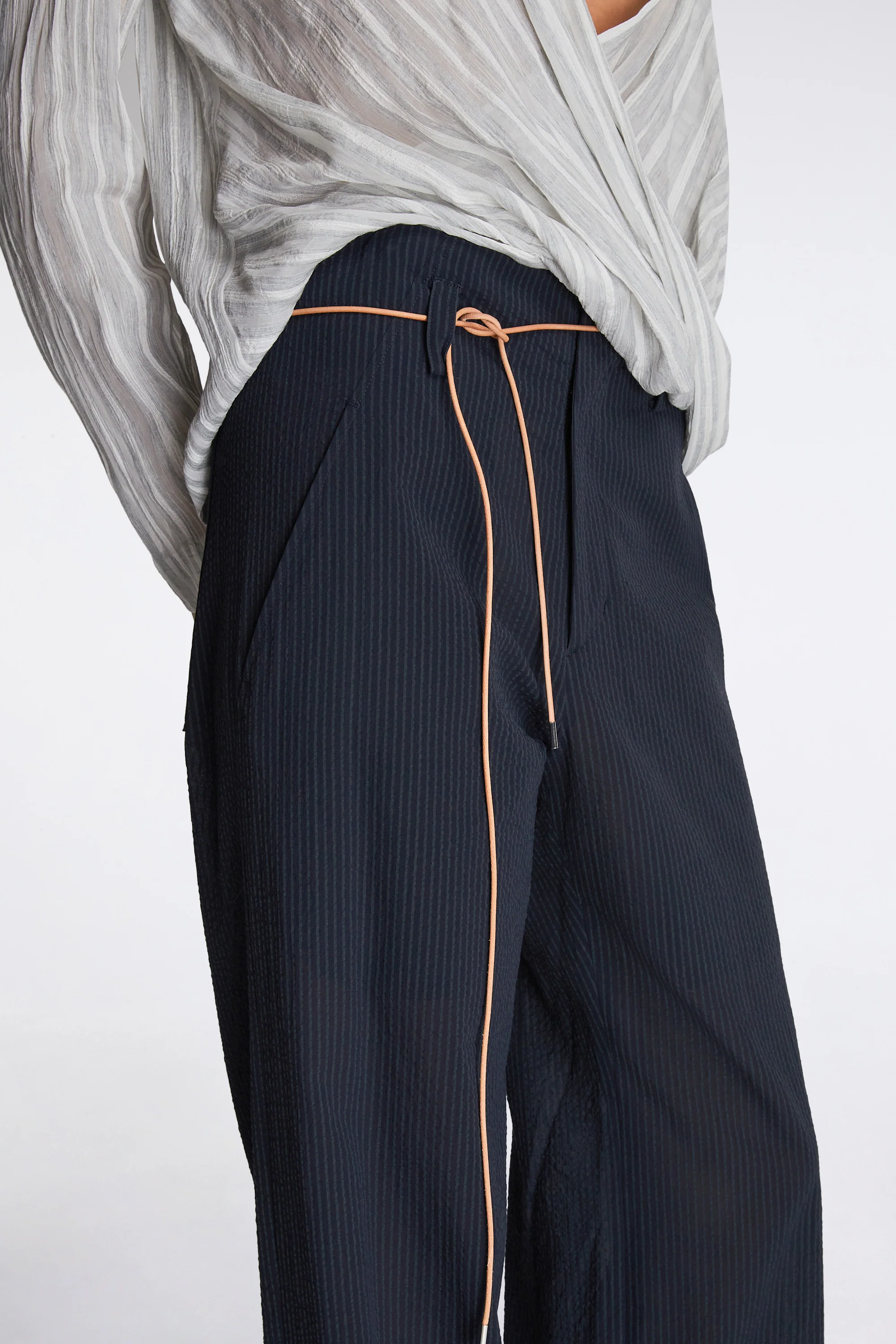 Nam Ou River Trip Pants Silk Seer Sucker Striped Lao Navy - Image 3