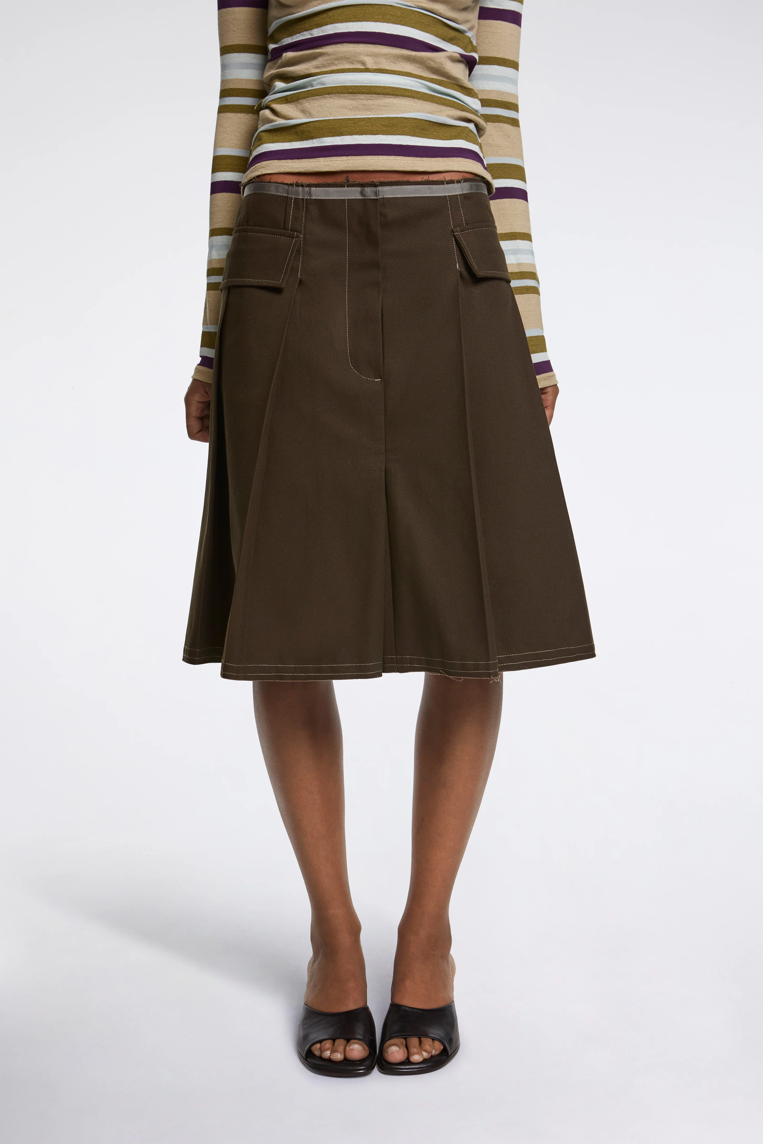 Pleated Skirt Cotton Twill Army Green - Image 2