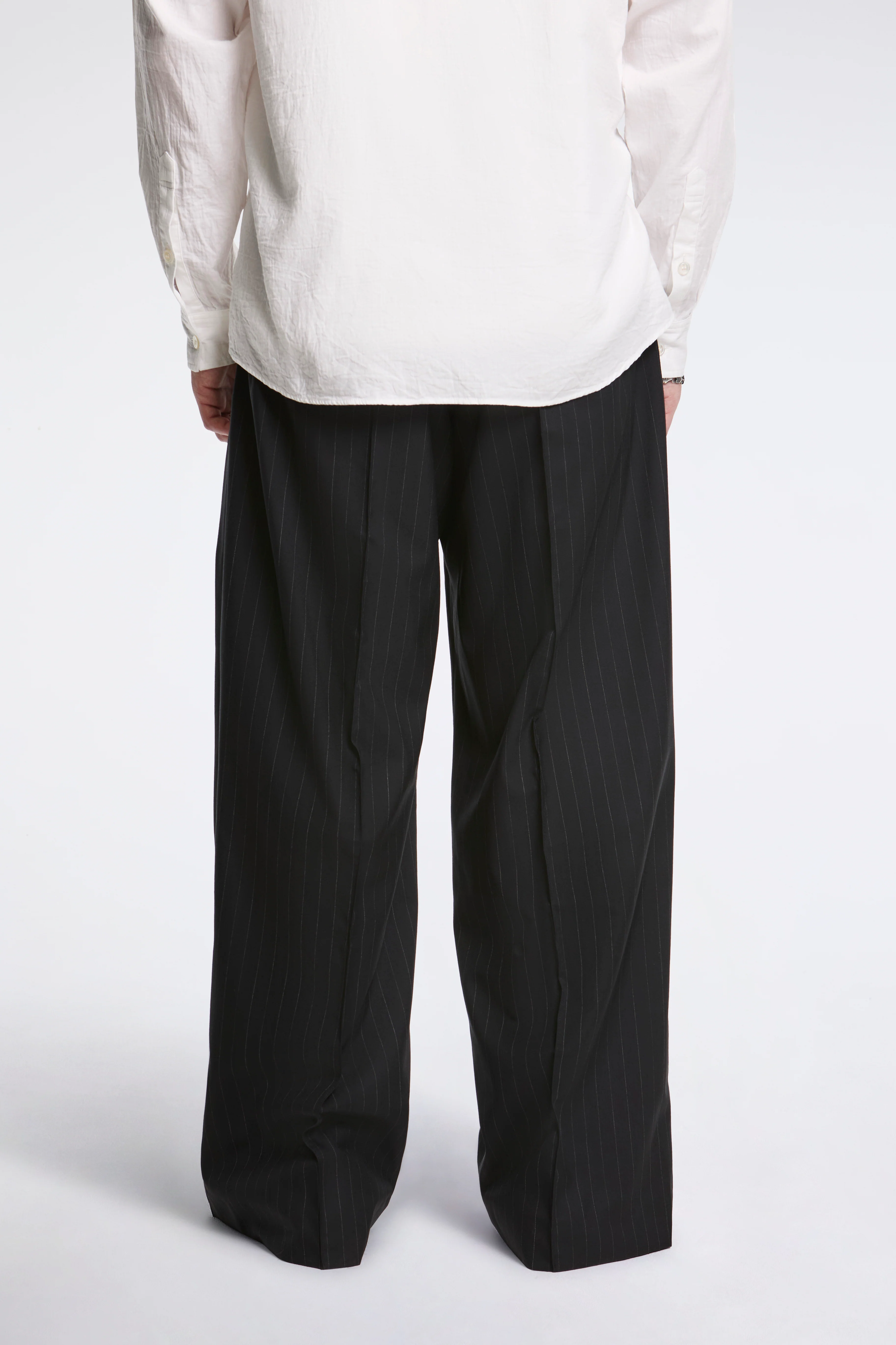 Pleated Stripe Summer Wool Pants Black - Image 4