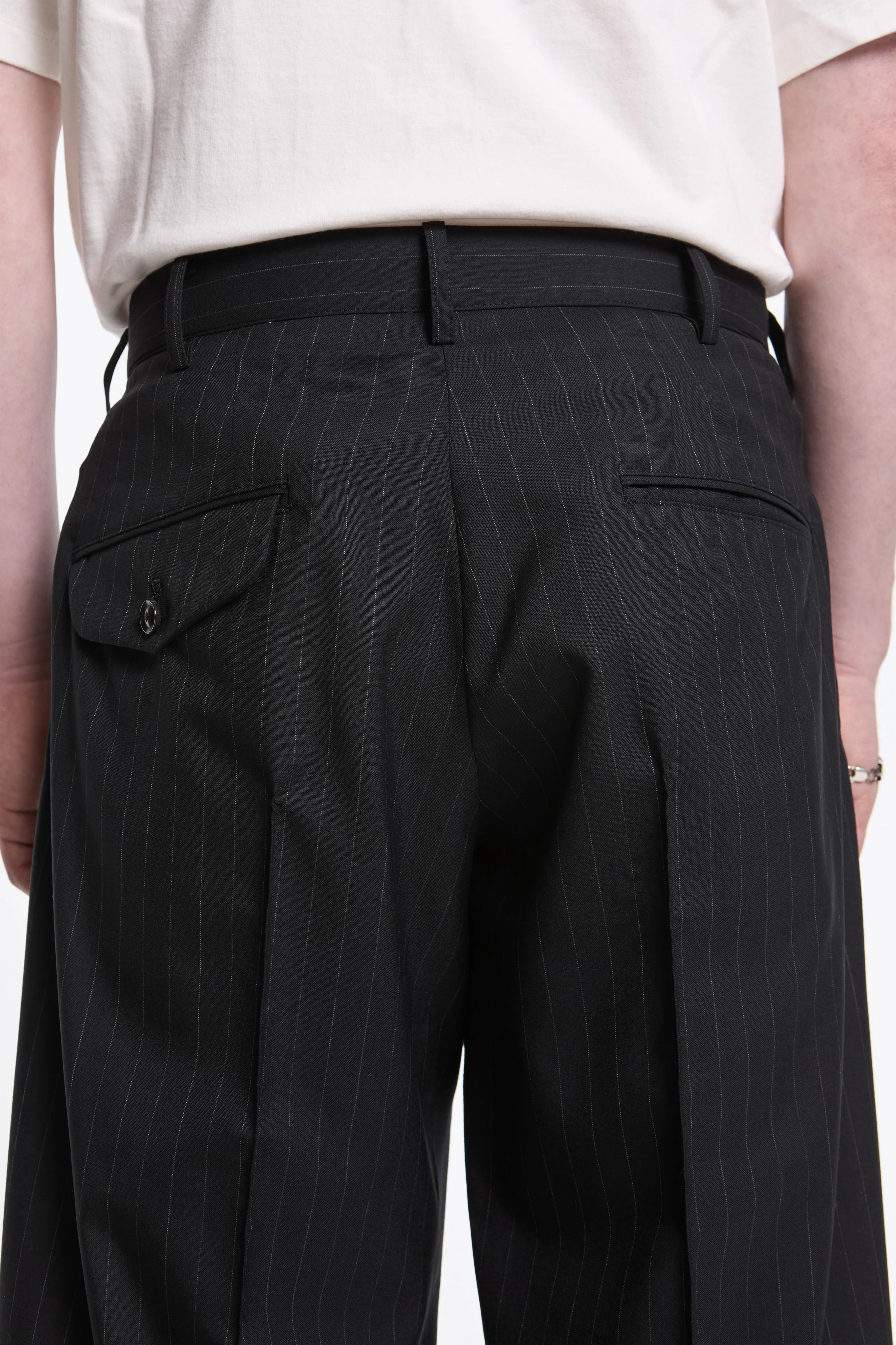Pleated Stripe Summer Wool Pants Black - Image 6