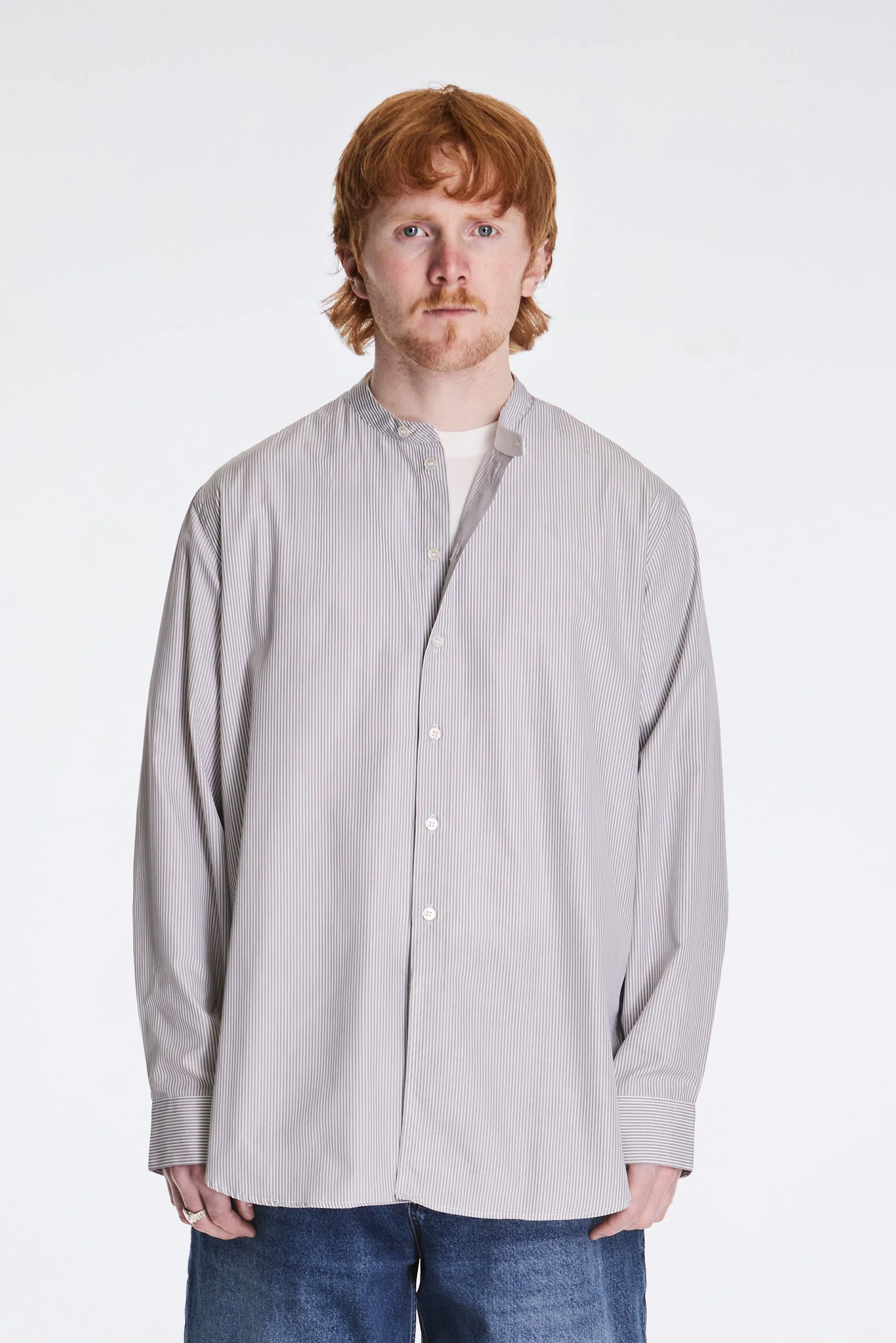 Nick Grandad Collar Shirt Narrow Shadow Stripe Grey - Image 2