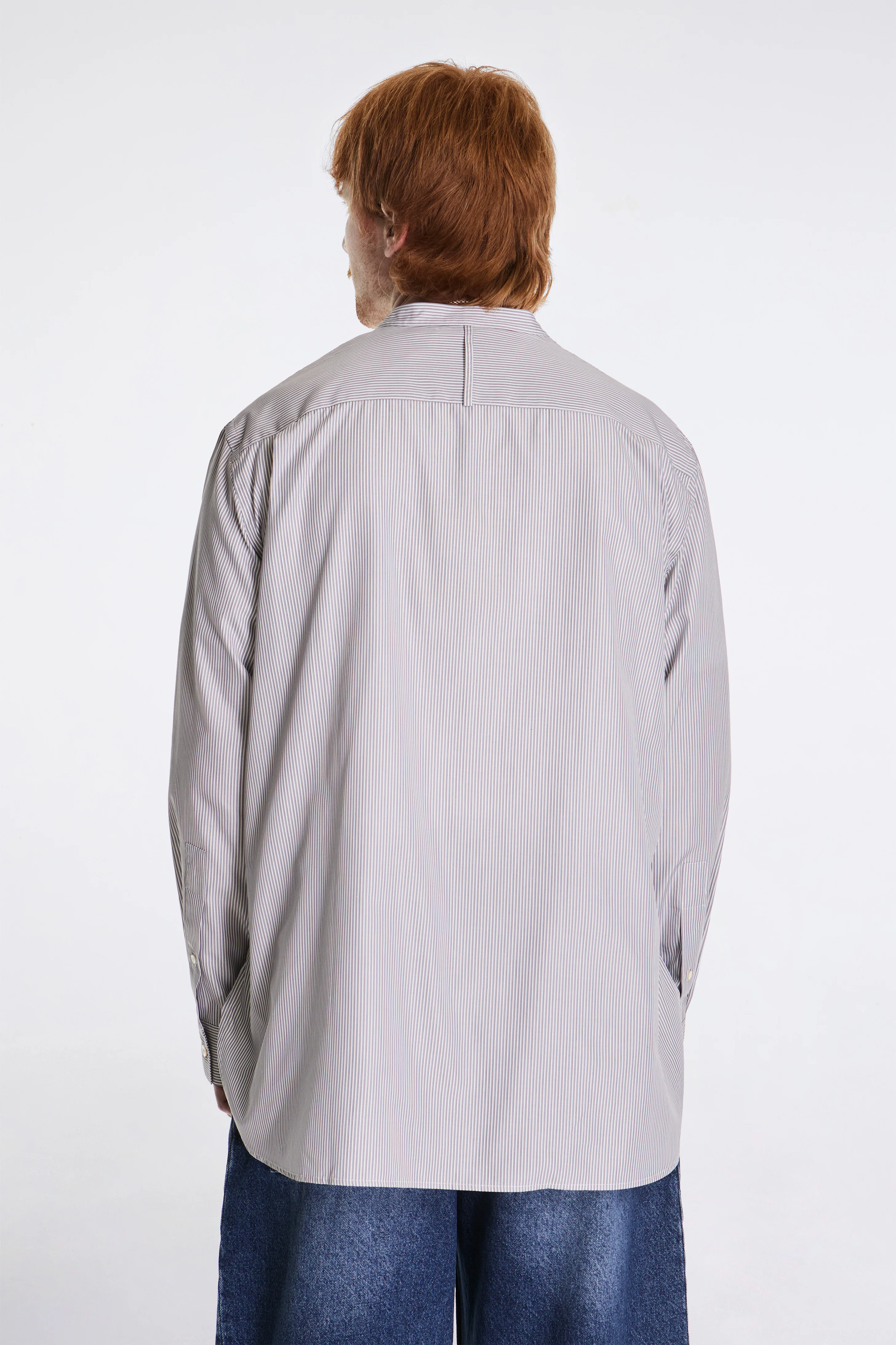 Nick Grandad Collar Shirt Narrow Shadow Stripe Grey - Image 4