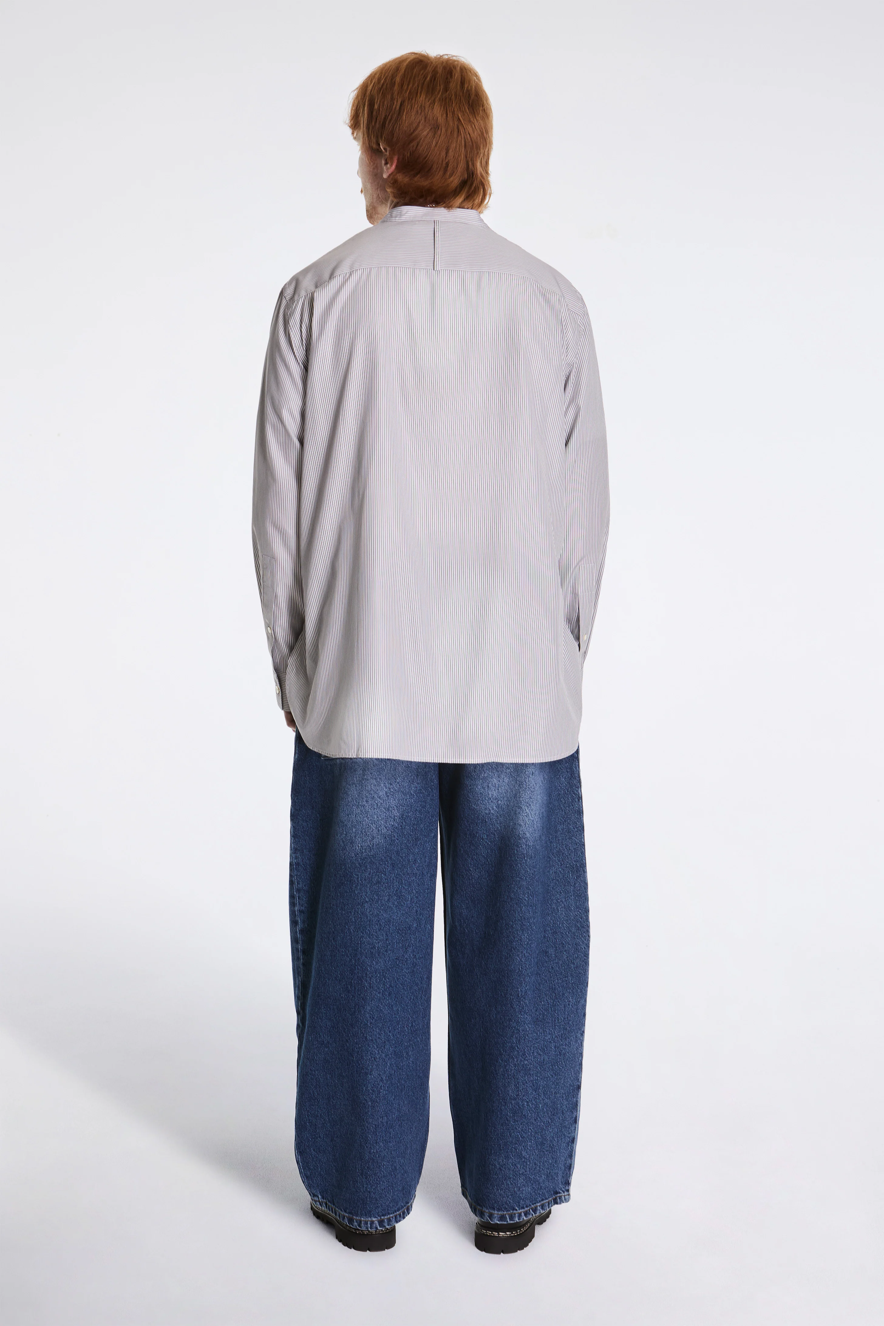 Nick Grandad Collar Shirt Narrow Shadow Stripe Grey - Image 7
